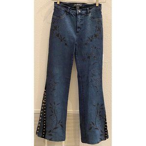 BrazilRoxx:  Ornate flare denim jeans, velvet and studs, Size 4, LONG 41" length